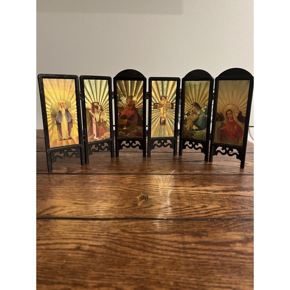 Italian Catholic Triptych, Double Sided, 9”x3” , 18” Extended